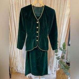 Vintage Green Velvet Skirt Suit with Gold Trim and Button Details